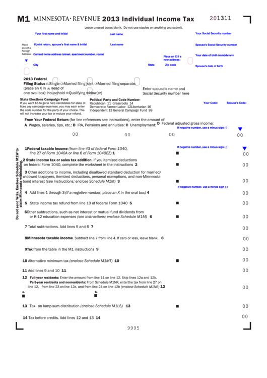 Fillable Form M1 - Individual Income Tax - 2013 Printable pdf