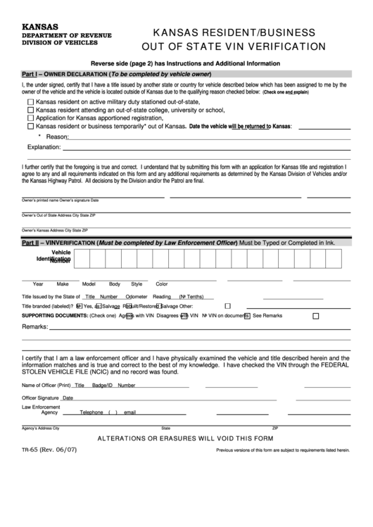 Fillable Form Tr-65 - Kansas Resident/business Out Of State Vin Verification Printable pdf