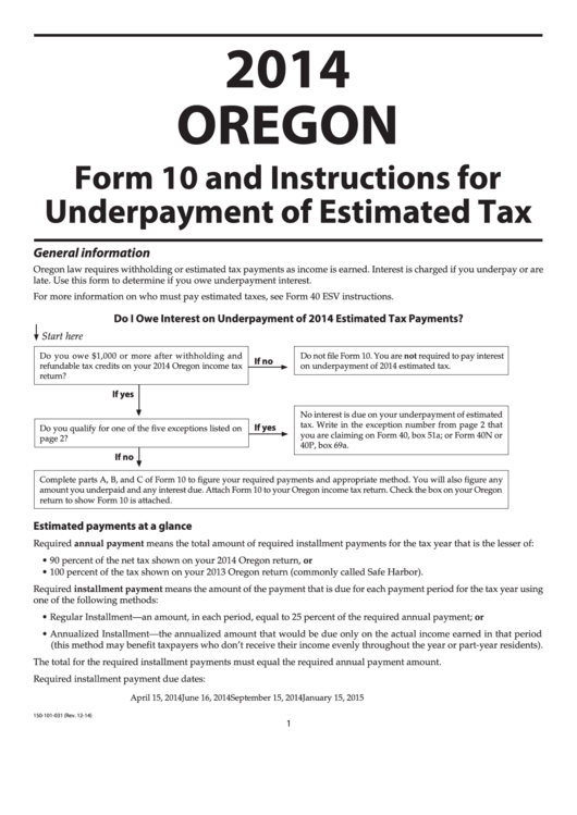 Instructions For Form 10 - Oregon Underpayment Of Estimated Tax - 2014 Printable pdf