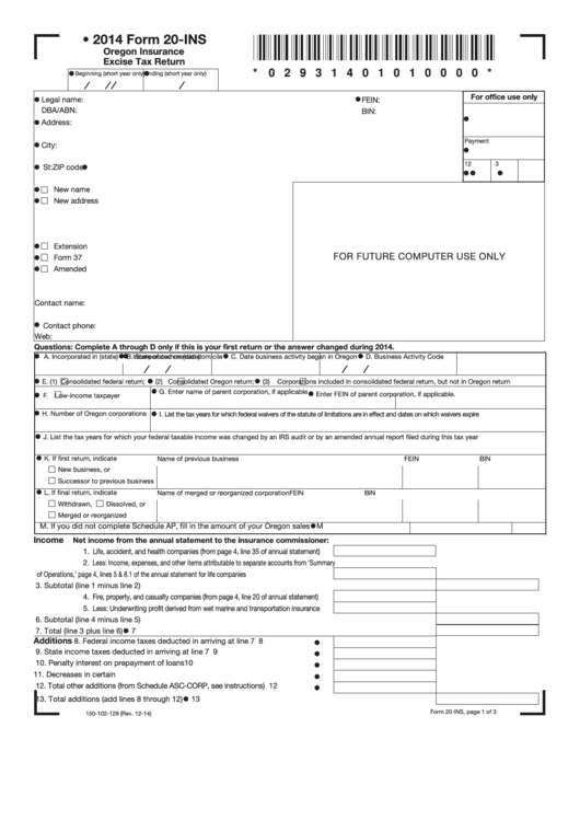 Fillable Form 20-Ins - Oregon Insurance Excise Tax Return - 2014 Printable pdf