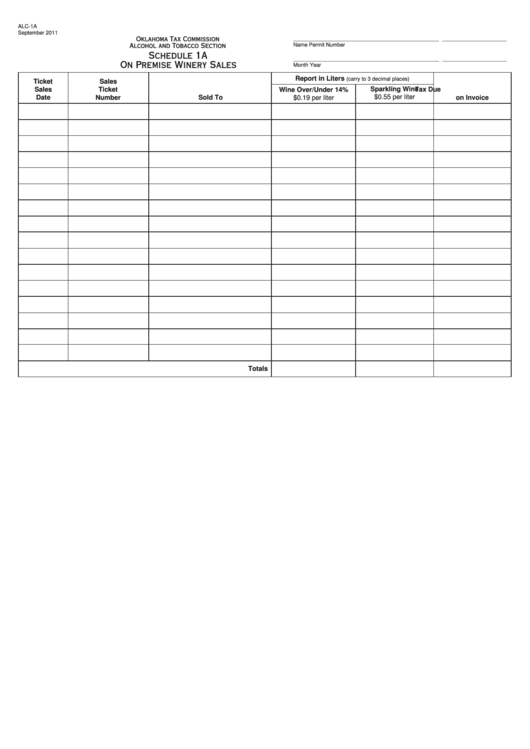 Fillable Form Alc-1a - Schedule 1a On Premise Winery Sales Printable pdf