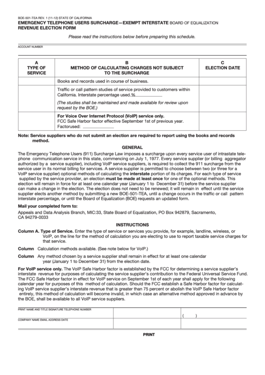 Fillable Form Boe-501-Tea - Emergency Telephone Users Surcharge-Exempt Interstate Revenue Election Form Printable pdf