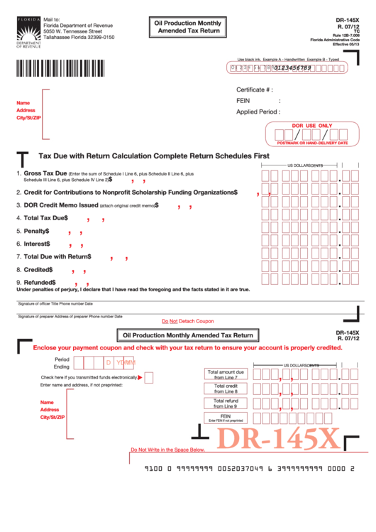 Fillable Form Dr-145x - Oil Production Monthly Amended Tax Return Printable pdf
