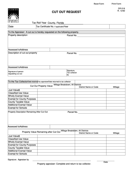 Fillable Form Dr-518 - Cut Out Request Printable pdf