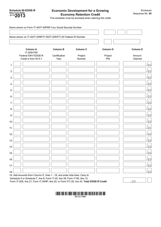 Fillable State Form 55363 - Schedule In-Edge-R - Economic Development For A Growing Economy Retention Credit - 2013 Printable pdf