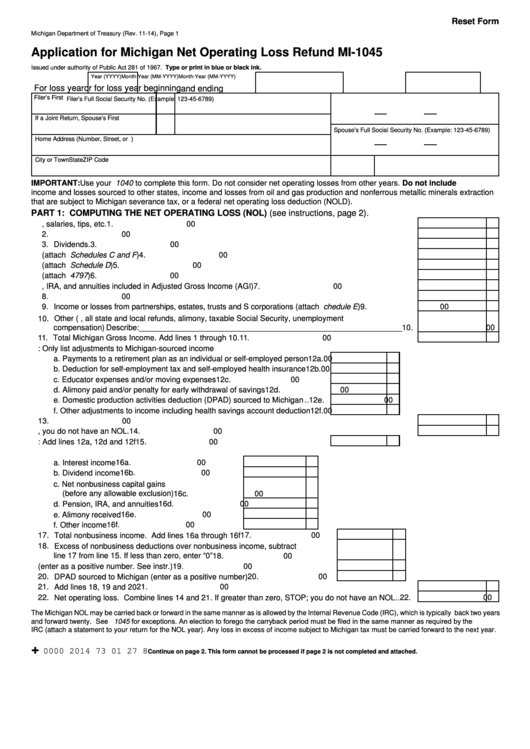 Fillable Form Mi-1045 - Application For Michigan Net Operating Loss Refund - Printable pdf