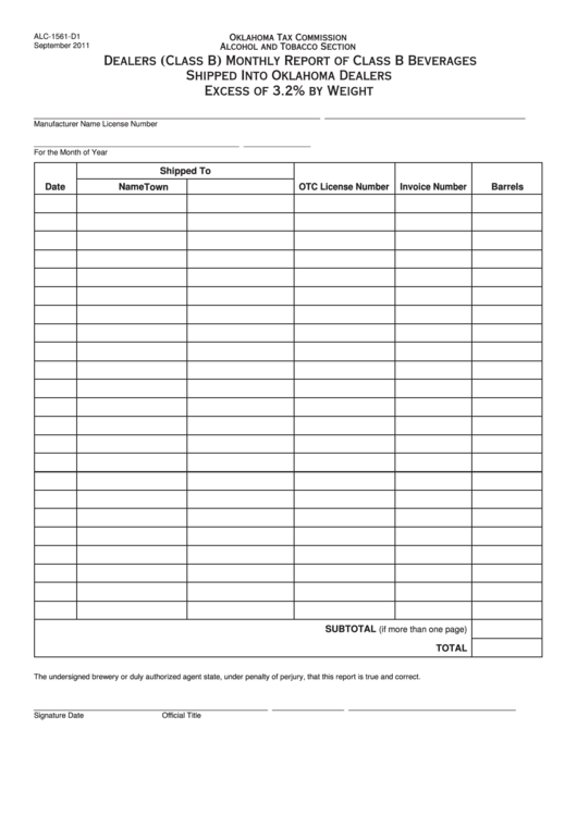 Fillable Form Alc-1561-D1 - Dealers (Class B) Monthly Report Of Class B Beverages Shipped Into Oklahoma Dealers Excess Of 3.2% By Weight Printable pdf