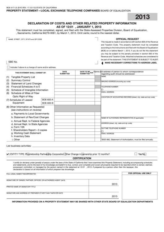 Fillable Form Boe-517-Le (S1f) - Declaration Of Costs And Other Related Property Information - 2013 Printable pdf