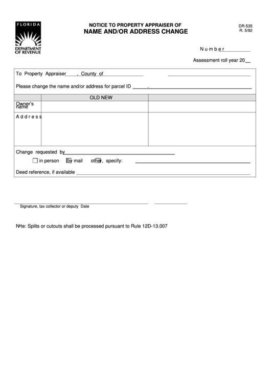 Form Dr-535 - Notice To Property Appraiser Of Name And-Or Address Change Printable pdf