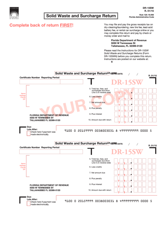 Fillable Form Dr-15sw - Solid Waste And Surcharge Return Printable pdf