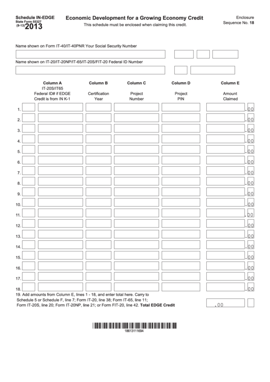 Fillable State Form 55327 - Schedule In-Edge - Economic Development For A Growing Economy Credit - 2013 Printable pdf
