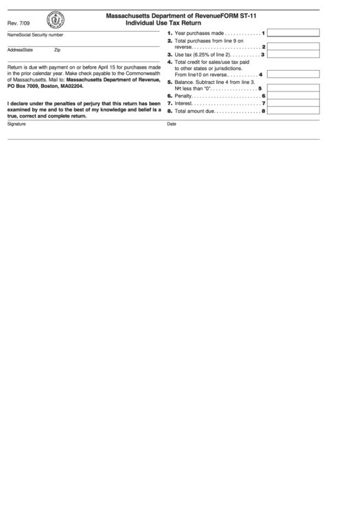Fillable Form St-11 - Individual Use Tax Return Printable pdf