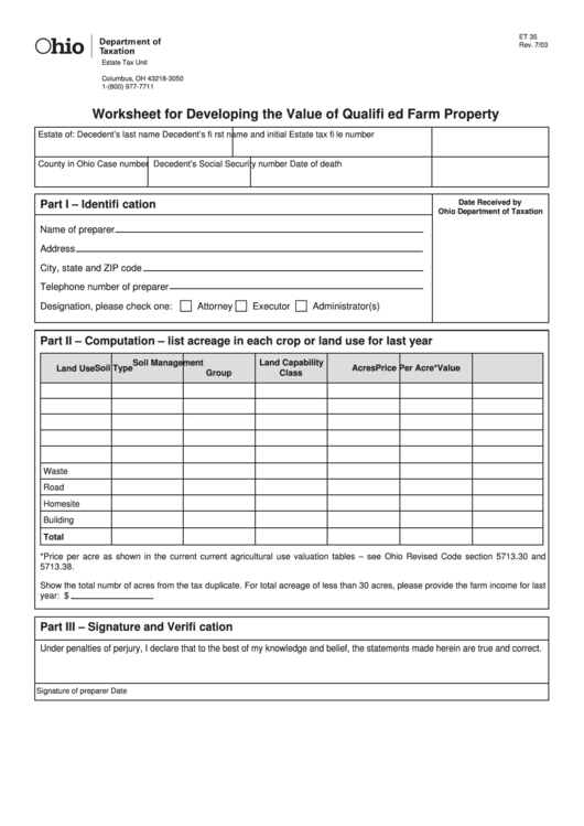 Fillable Form Et 35 - Worksheet For Developing The Value Of Qualifi Ed Farm Property Printable pdf