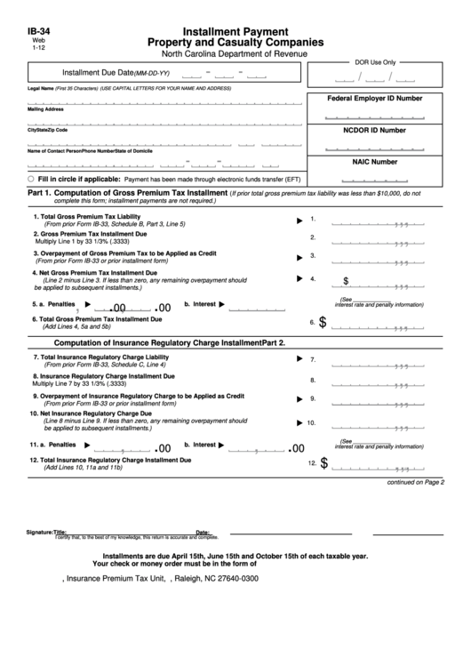 Fillable Form Ib-34 - Installment Payment Property And Casualty Companies Printable pdf