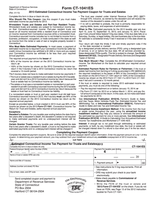 Form Ct-1041es - Estimated Connecticut Income Tax Payment Coupon For Trusts And Estates - 2013 Printable pdf