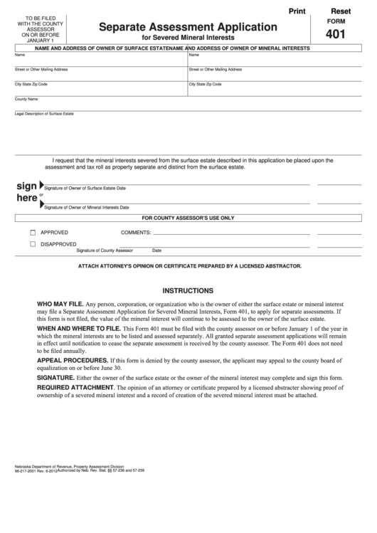 Fillable Form 401 - Separate Assessment Application For Severed Mineral Interests Printable pdf