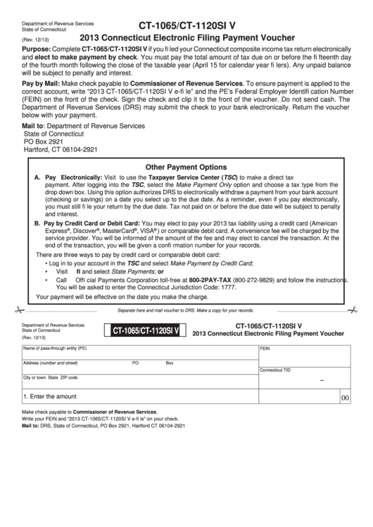 Form Ct-1065/ct-1120si V - Connecticut Electronic Filing Payment Voucher - 2013 Printable pdf