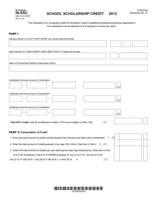 Fillable State Form 54242 - Schedule In-Ssc - School Scholarship Credit - 2013 Printable pdf