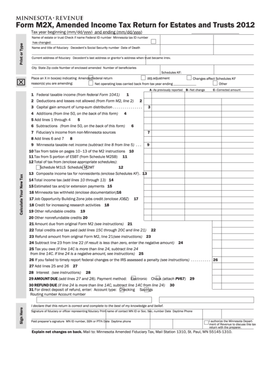 Fillable Form M2x - Amended Income Tax Return For Estates And Trusts - 2012 Printable pdf