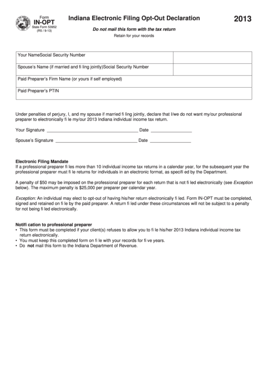 Fillable Form In-Opt - Indiana Electronic Filing Opt-Out Declaration - 2013 Printable pdf