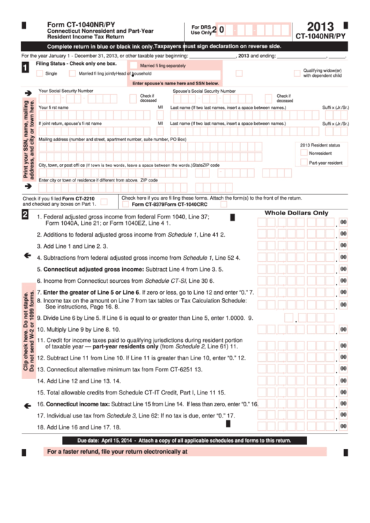 Form Ct-1040nr/py - Connecticut Nonresident And Part-year Resident Income Tax Return - 2013