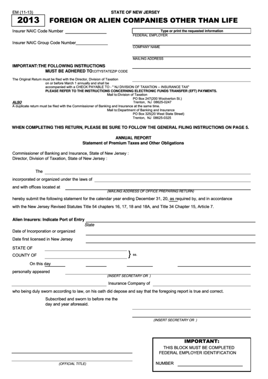 Fillable Form Em - Foreign Or Alien Companies Other Than Life - 2013 Printable pdf