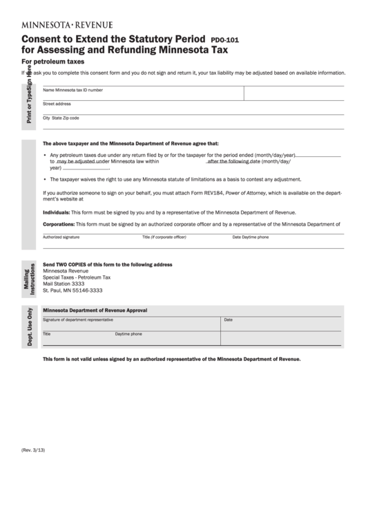 Form Pdo-101 - Consent To Extend The Statutory Period For Assessing And Refunding Minnesota Tax - 2013