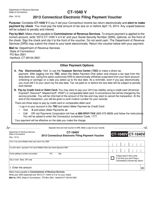 Form Ct-1040 V - Connecticut Electronic Filing Payment Voucher - 2013 Printable pdf