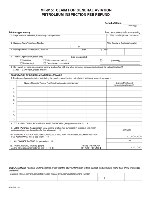 Fillable Form Mf-015 - Claim For General Aviation Petroleum Inspection Fee Refund - 2012 Printable pdf