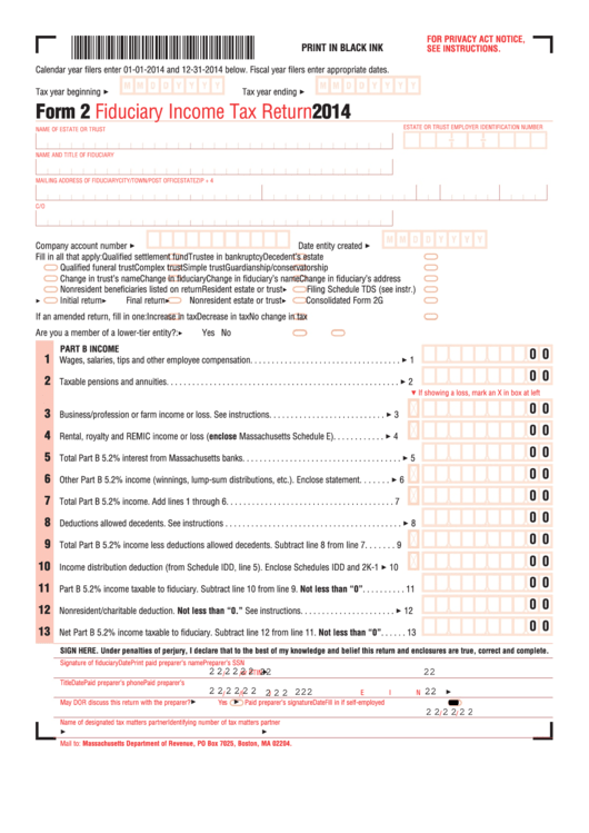 Fillable Form 2 - Fiduciary Income Tax Return - 2014 Printable pdf