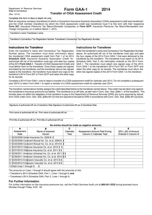 Form Gaa-1 - Transfer Of Ciga Assessment Credit - 2014 Printable pdf