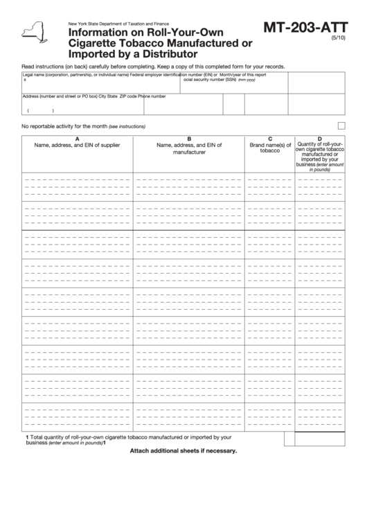 Form Mt-203-Att - Information On Roll-Your-Own Cigarette Tobacco Manufactured Or Imported By A Distributor Printable pdf