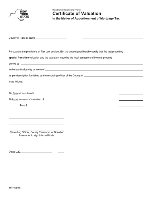 Form Mt-11 - Certificate Of Valuation In The Matter Of Apportionment Of Mortgage Tax Printable pdf