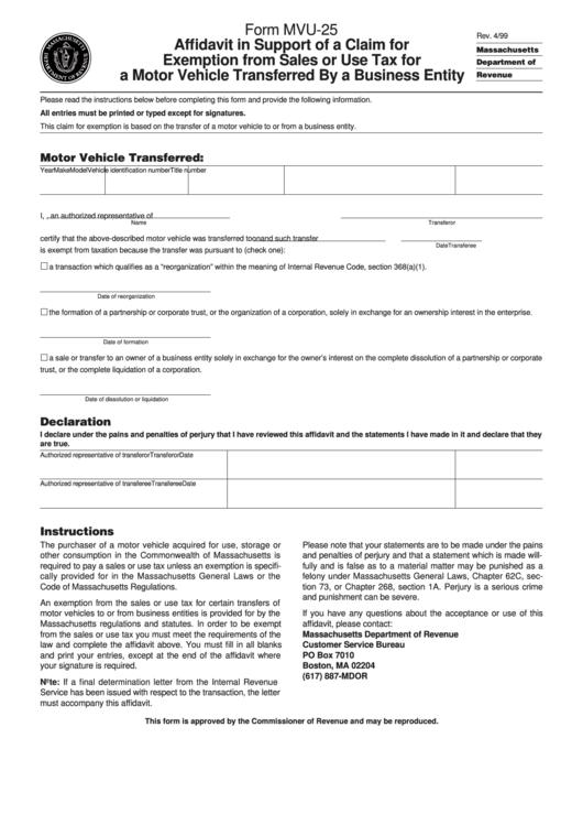 Form Mvu-25 - Affidavit In Support Of A Claim For Exemption From Sales Or Use Tax For A Motor Vehicle Transferred By A Business Entity Printable pdf