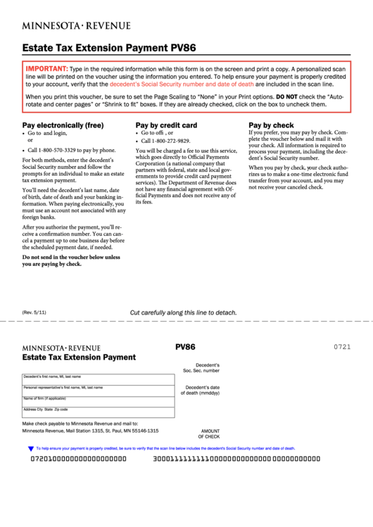 Fillable Form Pv86 - Estate Tax Extension Payment Printable pdf