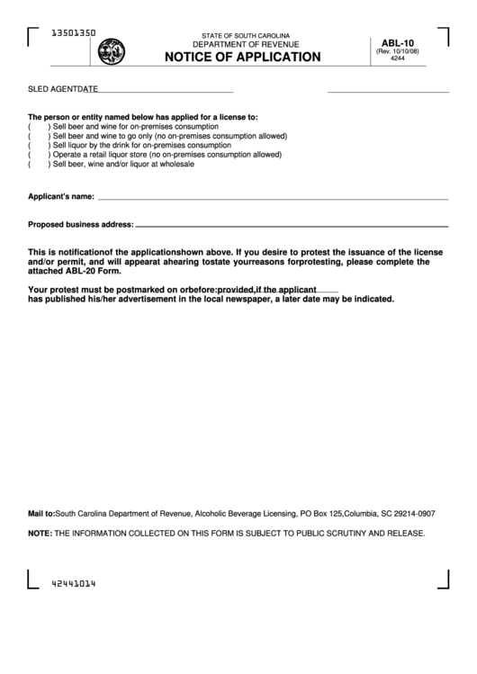 Form Abl-10 - Notice Of Application Printable pdf