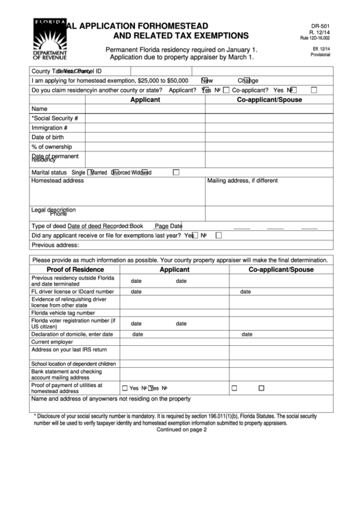 Fillable Form Dr 501 Original Application For Homestead And Related 