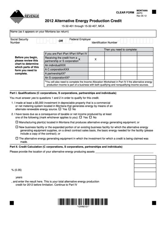 Fillable Form Aepc - Alternative Energy Production Credit - 2012 Printable pdf
