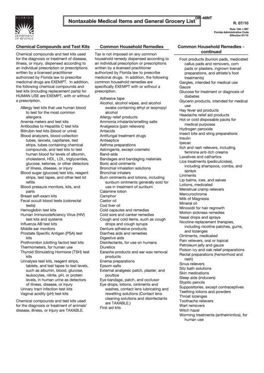 Instruction For Form Dr-46nt - Nontaxable Medical Items And General Grocery List Printable pdf