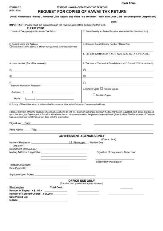 Fillable Form L-72 - Request For Copies Of Hawaii Tax Return printable ...