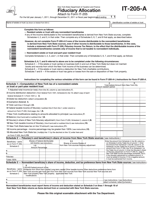 Fillable Form It-205-A - Fiduciary Allocation - 2011 Printable pdf