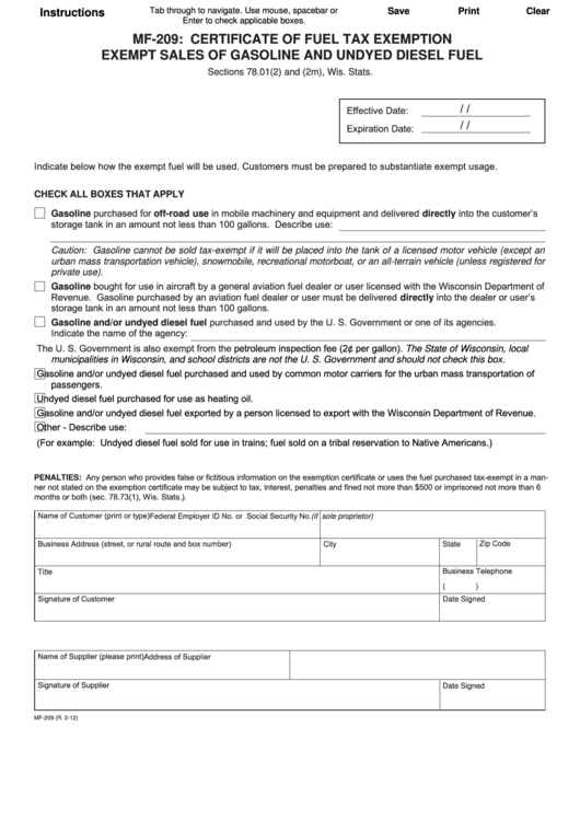 Fillable Form Mf-209 - Certificate Of Fuel Tax Exemption Exempt Sales Of Gasoline And Undyed Diesel Fuel Printable pdf