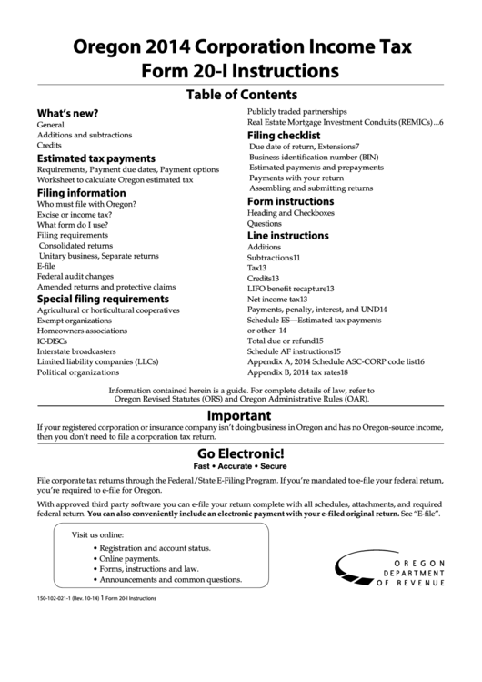 Instructions For Form 20-I - Oregon Corporation Income Tax - 2014 Printable pdf