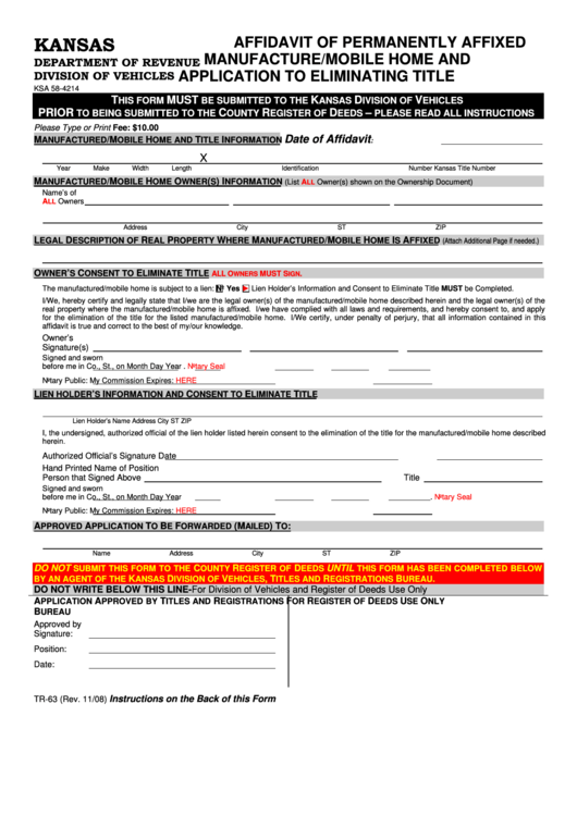 Fillable Form Tr-63 - Affidavit Of Permanently Affixed Manufacture/mobile Home And Application To Eliminating Title Printable pdf