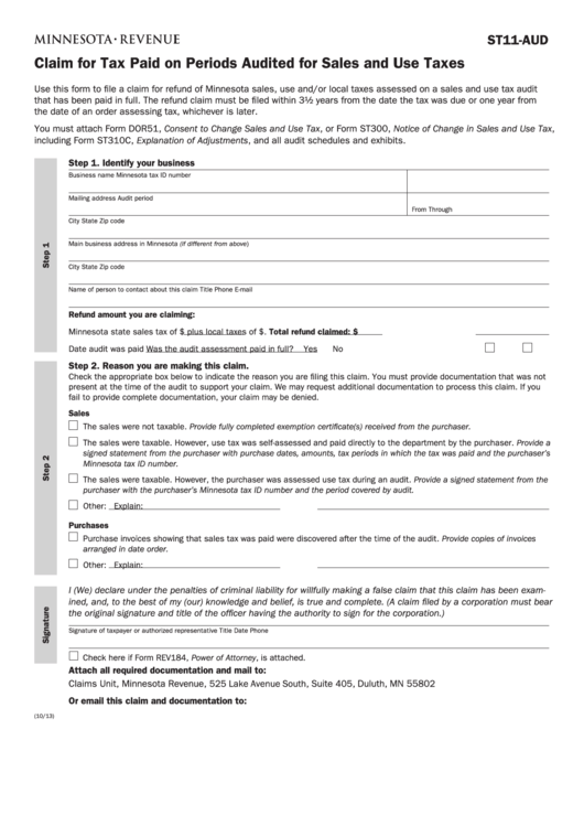 Fillable Form St11-Aud - Claim For Tax Paid On Periods Audited For Sales And Use Taxes Printable pdf