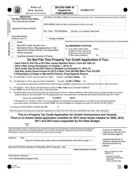 Fillable Form Nj-1040-H - Property Tax Credit Application - 2013 Printable pdf