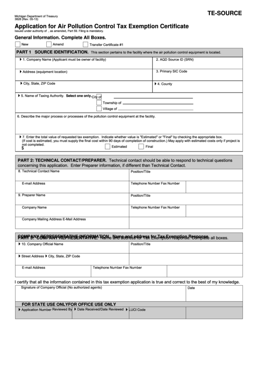 Fillable Form 3828 - Application For Air Pollution Control Tax Exemption Certificate Printable pdf