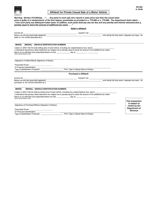 Form Dr-99a - Affidavit For Private Casual Sale Of A Motor Vehicle Printable pdf