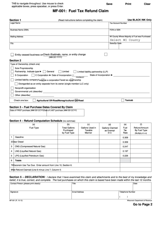 Fillable Form Mf-001 - Fuel Tax Refund Claim Printable pdf