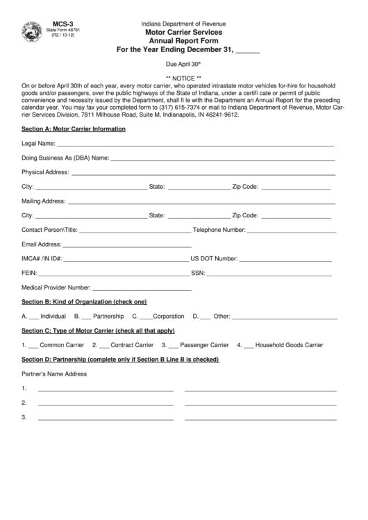Fillable Form Mcs-3 - Motor Carrier Services Annual Report Form Printable pdf